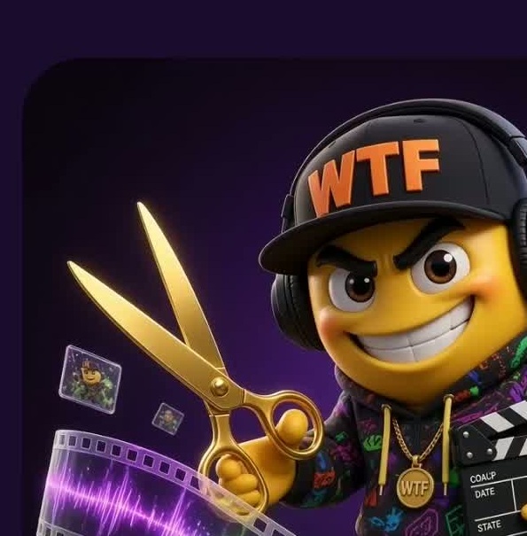 WTF mascot with headphones and golden scissors
